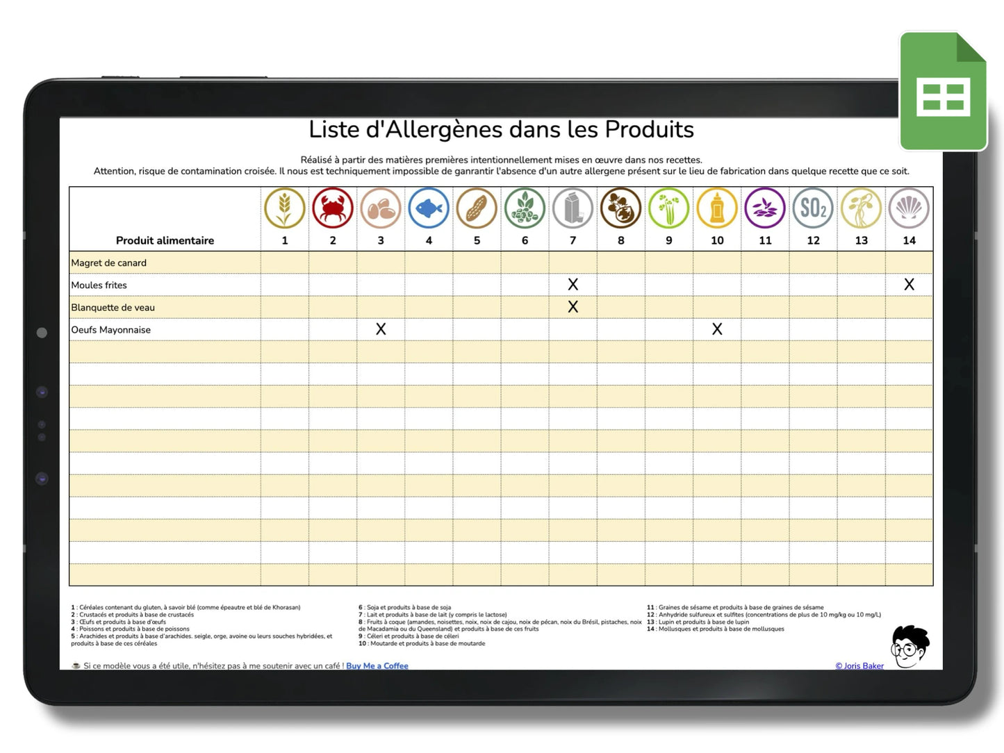 Fiche d'allergènes pour restaurant Google Sheets